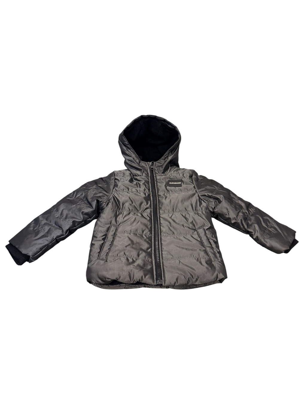 Calvin Klein Boys Puffer Winter Jacket Hooded Gray Fleece Lined Logo Size 4T